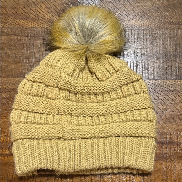 C.C Kids' Mustard Knit Beanie with Pom-Pom - Picture 2 of 2